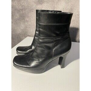 Vtg Nine West 90s Black Leather Square Toe Platform Ankle Boots Size 6M Chunky